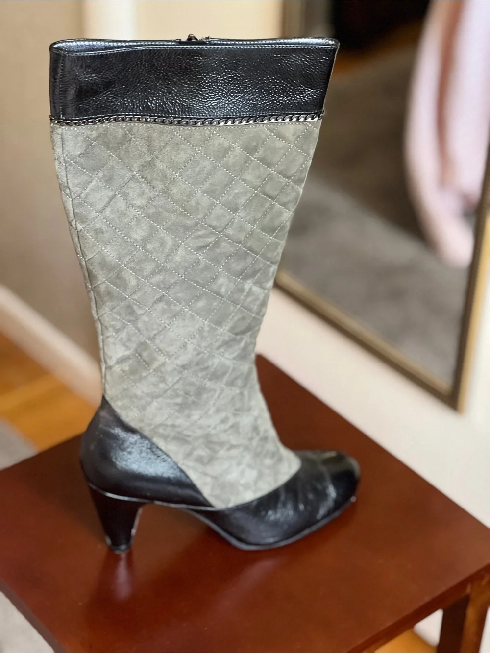 Taryn Rose Quilted Gray Suede and Black Leather Over-the-Knee Boots
